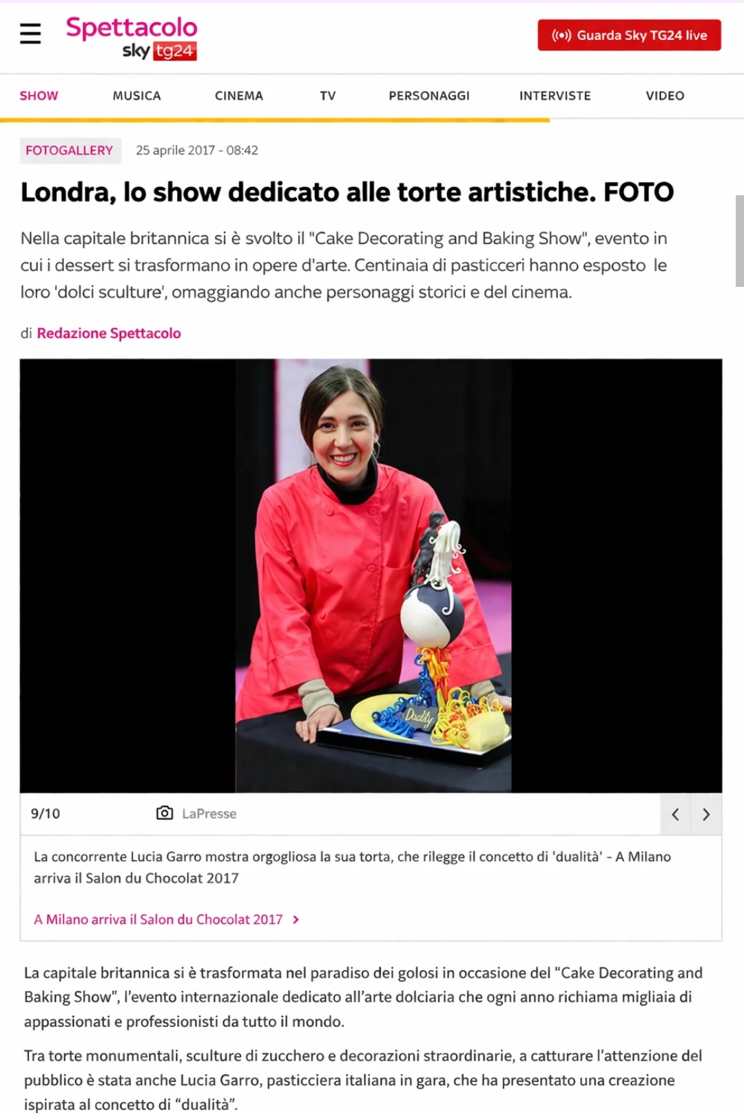 Articolo Sky TG24 dedicato a Cake International con Lucia Garro
